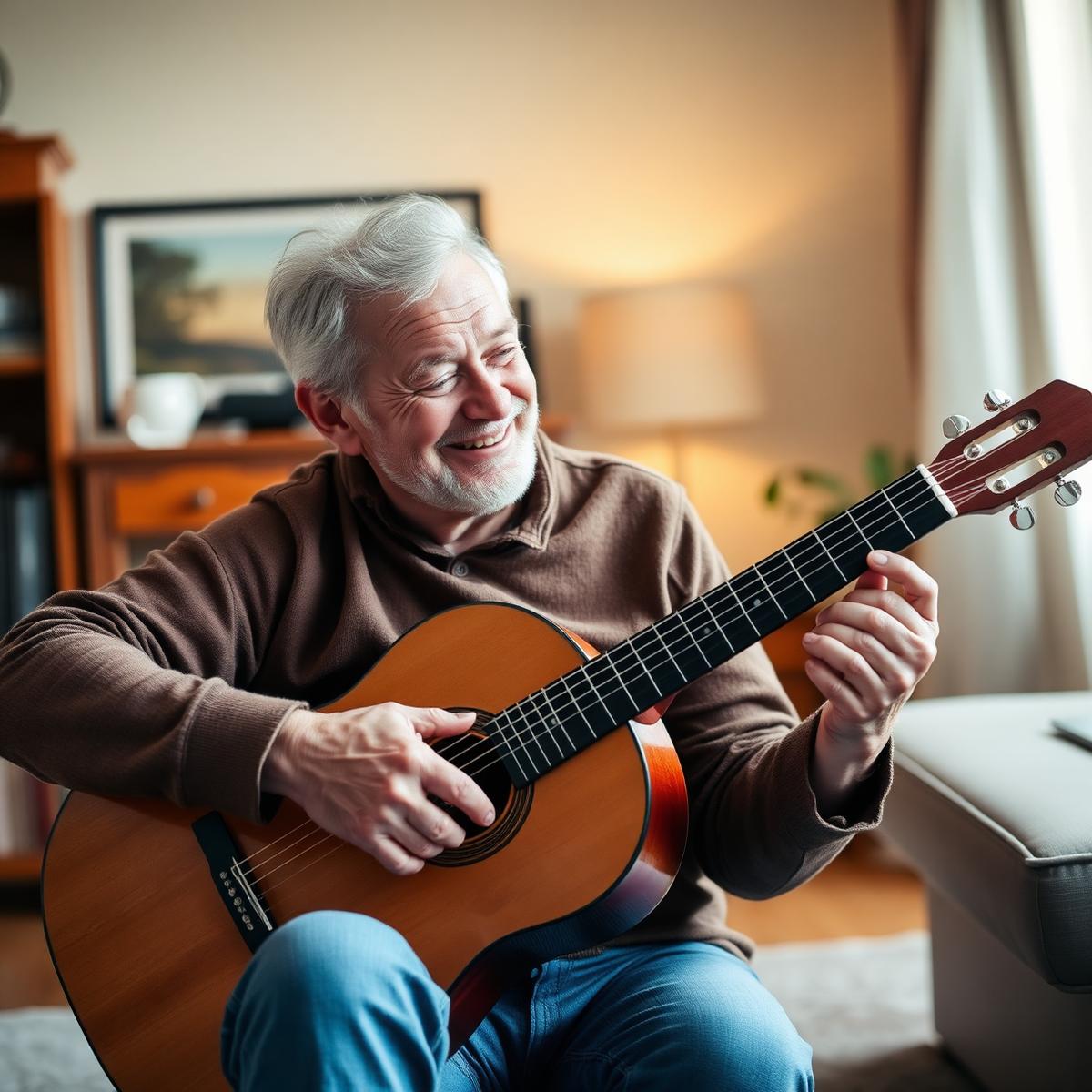 Senior guitarist playing pain-free with the Gitarrenheld trainer